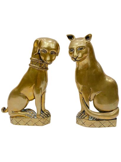 null Pair of gilt bronze andirons " Dog and cat " H_25 cm L_33 cm