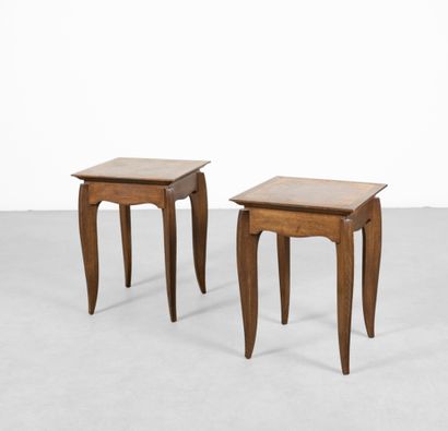 null Pair of side tables in natural wood with burr veneer top H_48 cm W_36 cm D_36...