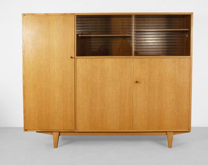 null Wardrobe In blond wood veneer and glass About 1950 H_174 cm W_221 cm D_48 c...