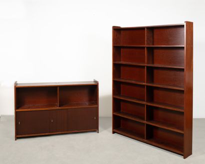 null Set composed of a double bookcase and a low piece of furniture in mahogany veneer...