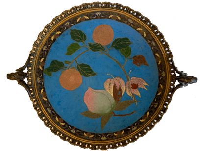 null Gilt bronze and cloisonné enamel cup with foliage and fruit decoration on the...