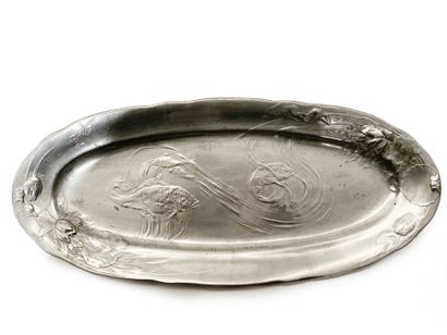 Pewter fish dish decorated with carps and...