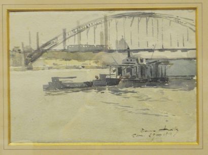 null Early 20th century French school Barge on the Seine Watercolour on paper signed,...
