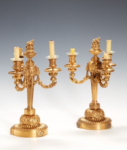 
Coppia di candelabri a tre luci, in bronzo...