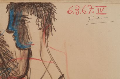 Pablo Picasso (1881-1973) Ragazzo con aquila e cavaliere, 1967
Disegno a matita colorata...