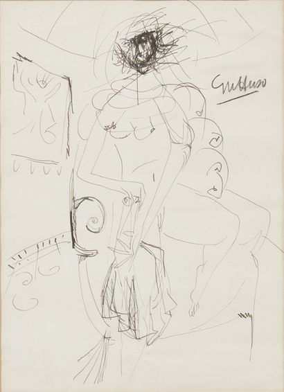 Renato GUTTUSO (1911-1987) Nudo femminile Inchiostro e gessetto su carta, firmato....