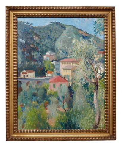 Ugo Vittore Bartolini (1906-1975) Paesaggio con alberi e case
Olio su tela, firmato...