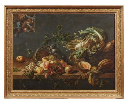 Adriaen Van Utrecht (Anversa 1599-1652) Natura morta di frutta e verdura con due...