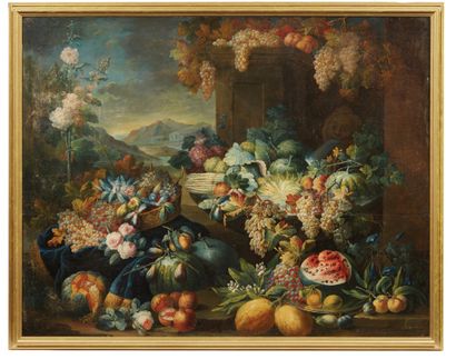Nello stile di Christian Berentz Natura morta di fiori, frutta e ortaggi in un paesaggio
Olio...