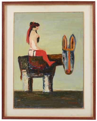 Salvatore Fiume (1915-1997) Donna a cavallo. Olio su isorelle, firmato in basso a...