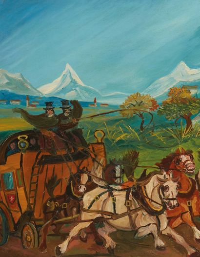 Antonio Ligabue (1889-1965) Una diligenza con cinque cavalli
Olio su masonite, firmato...