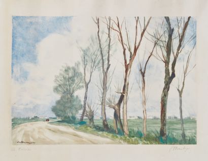 G. Baldassini 
Paesaggio di pianura con viale alberato
Monotipo a colori, firmato
Paysage...