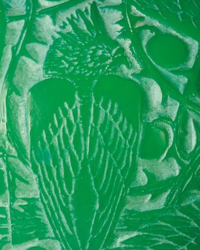 RENÉ LALIQUE (1860-1945) Vase Aras Verre soufflé-moulé opalescent de couleur jade....