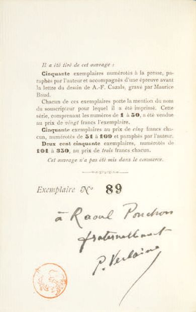 Paul VERLAINE. Dédicaces. Paris, Bibliothèque artistique & littéraire, 1890.
Petit...