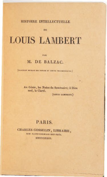 Honoré de BALZAC. Histoire intellectuelle de Louis Lambert. Paris, Charles Gosselin,...