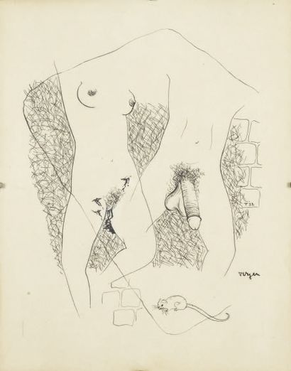 TOYEN. Composition érotique. 1932.
Dessin original à l'encre sur papier, signé à...