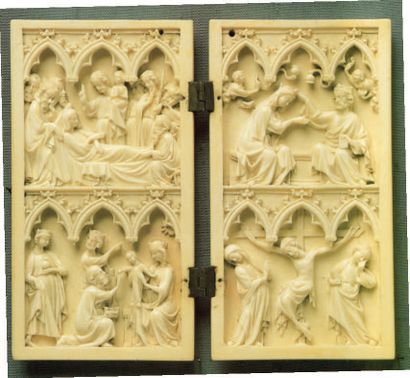null Large ivory diptych deeply carved on two registers representing under a series...