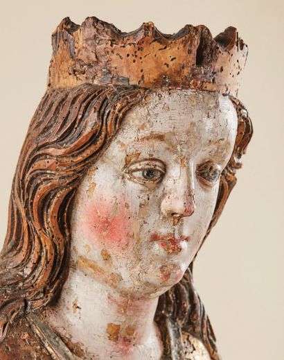 null Holy crowned woman (Marguerite?) in polychrome and gilded limewood, hollowed...