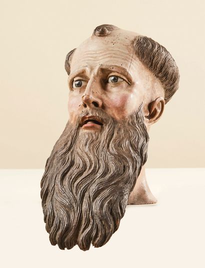  Importante tête de saint Jérôme en bois sculpté et polychromé, yeux en verre. Crâne...