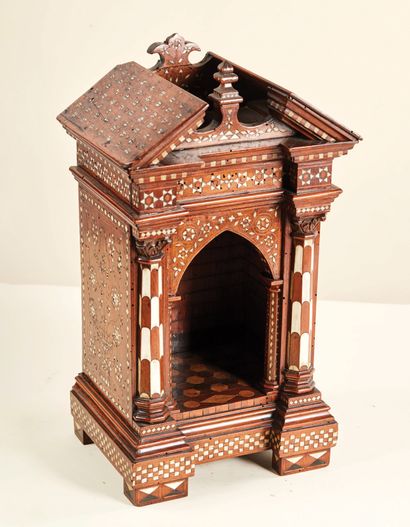 null Walnut niche with bone and boxwood inlays. It has an architectural shape, with...