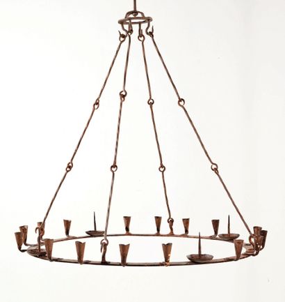 null Wrought iron crown chandelier with four pickets with cup and sixteen bells;...