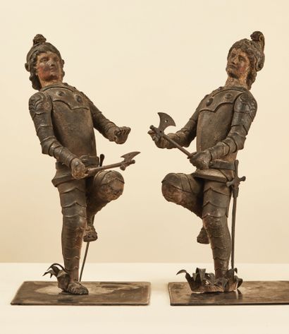 null Rare pair of automaton jacquemarts in copper and molten metal (pewter or lead),...