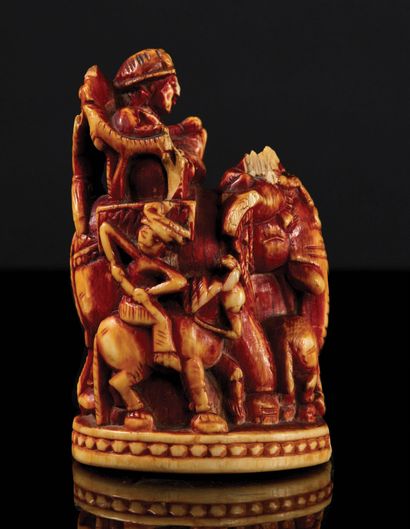 null Chess pawn "with elephant" in marine ivory carved in the round and monochrome...