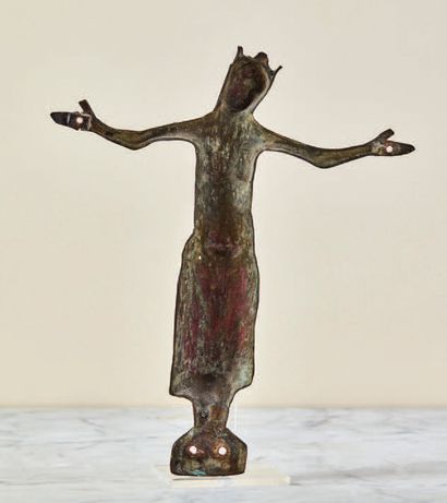 null Christ in copper embossed, engraved, champlevé and enamelled with slight traces...
