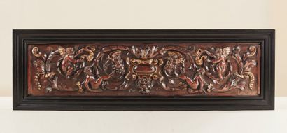 Cassone panel in walnut carved in high relief...