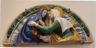 null Virgin in white glazed terracotta, in high relief, fragment of a Visitation....