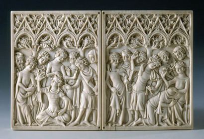 null Left leaf of an ivory diptych carved in bas-relief representing the Nativity...