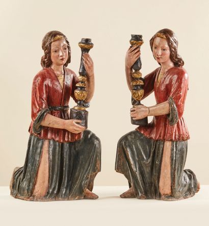 Pair of ceroferous angels in wood carved...