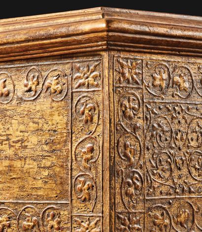 null A gilded pastiglia chest decorated with races and interlacing foliage with,...