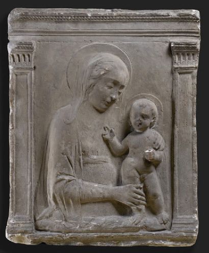 null Madonna in polychrome and gilded stucco, hollowed out back. The Madonna in bust...