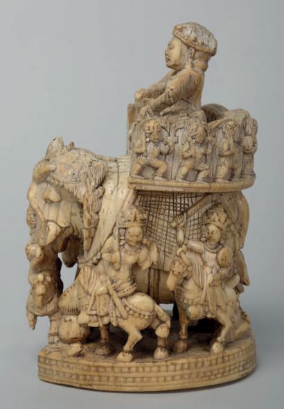 null Chess pawn "with elephant" in marine ivory carved in the round and monochrome...