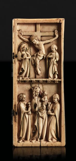 null Right leaf of a diptych in carved ivory with polychrome highlights in green...