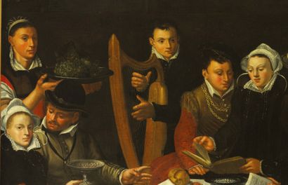 ECOLE HOLLANDAISE 1629, SUIVEUR DE DIRCK BARENTZ Galant meal with musicians
Oil on...