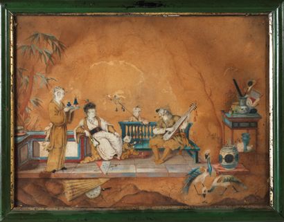ÉCOLE ANGLO-CHINOISE DU XIXe SIÈCLE Scènes chinoises
Paire d'aquarelles gouachées.
Taches.
H_27,5...