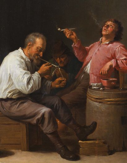 ECOLE FLAMANDE DU XVIIE SIÈCLE, ATELIER DE DAVID TENIERS Smokers in a tavern Oak...
