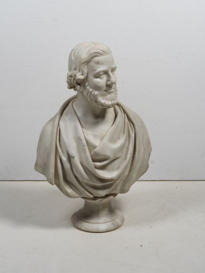 null Buste d'homme, portrait, drapé à l'antique en marbre blanc sculpté en ronde-bosse,...