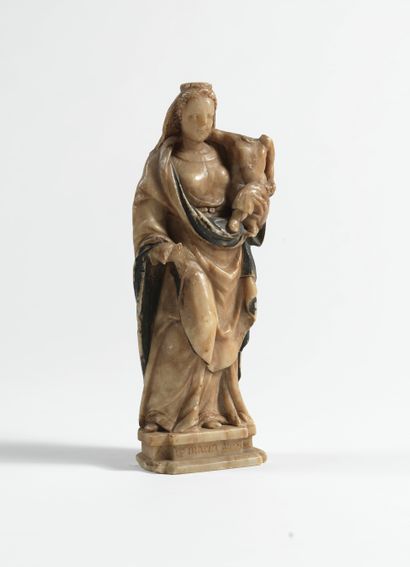 null Virgin and Child in alabaster carved with green and gold highlights, flat back....