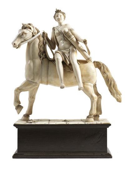  Diana the Huntress on horseback in carved ivory. She is seated in amazon on the...