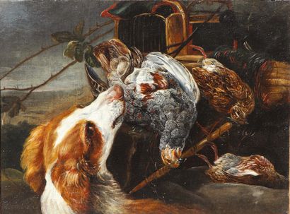 ATTRIBUÉ À JAN FYT (ANVERS 1611 - 1661) Still life of hunting with a dog Canvas.
H_41...