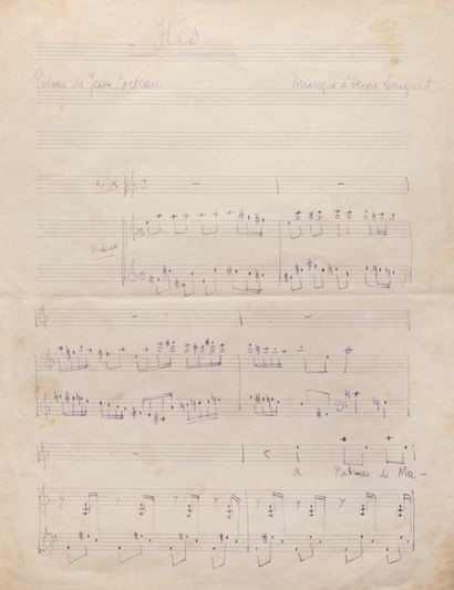 null HENRI SAUGUET (1901-1989). Manuscrit autographe de la mélodie « Iles », une...