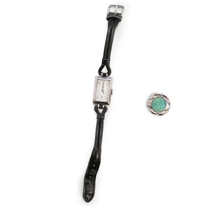 null Lot including : Jaeger Lecoultre. Steel ladies' watch with leather strap. Silver...