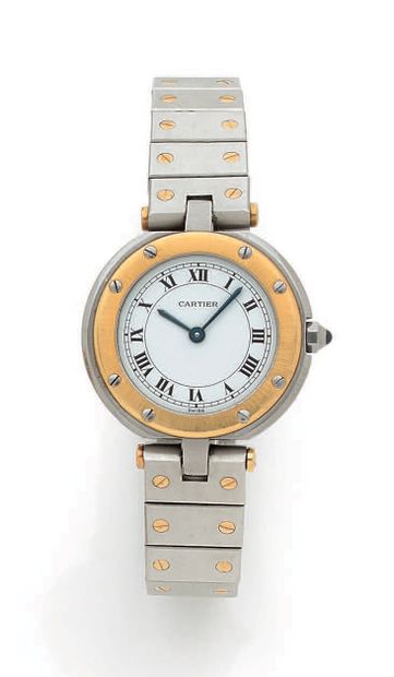 CARTIER Santos VERS 1980 
No. 8191309154
Ladies' gold and steel wristwatch, white...