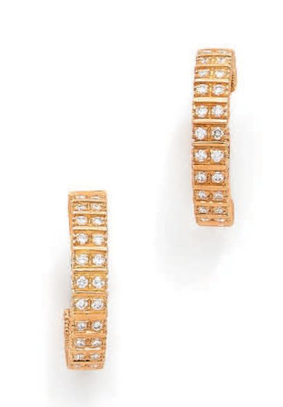 BOUCHERON. 
Pair of 18K (750) yellow gold hoop earrings set with brilliant-cut diamonds.
French...