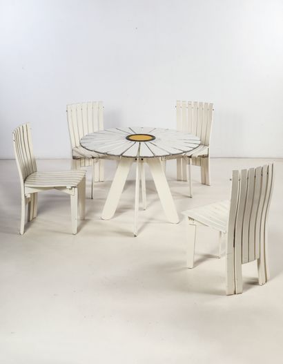 Alvar Aalto (1898-1976) Round table and four chairs "Aurinko" or "Sun"
Painted birch...