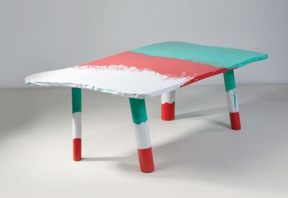 Gaetano PESCE (né en 1939) Table «Sessantuna»
Résine moulée tricolore et métal
Pièce...