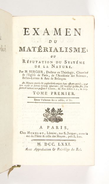 BERGIER, Nicolas Examen du matérialisme : ou Réfutation du système de la nature....